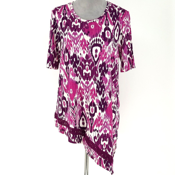 Chicos Top 1 Womens Medium White Purple Ikat Stretch Knit Asymmetric Hem Blouse - Picture 1 of 13